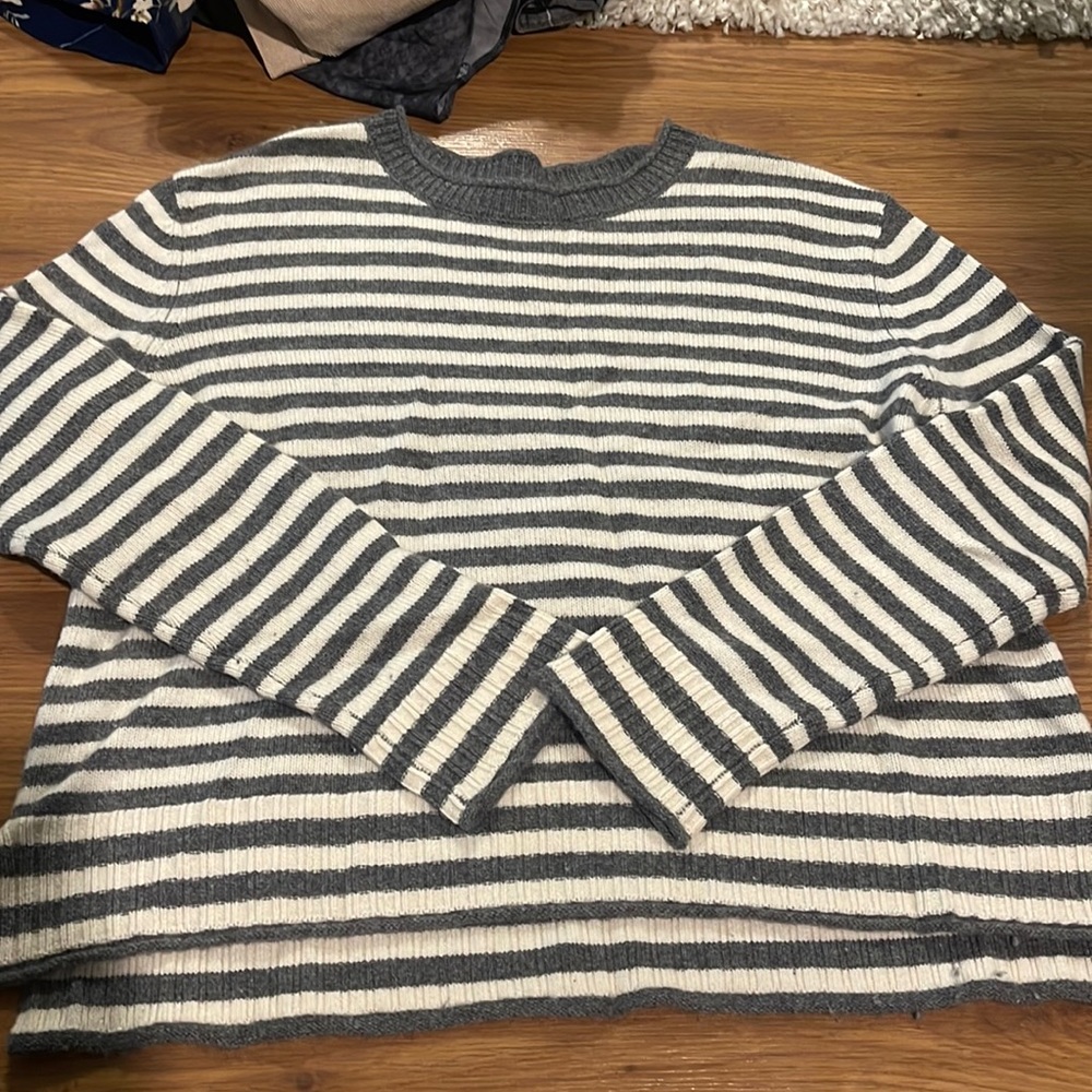 Grey and White Striped Cashmere Sweater